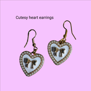 Gold and White Valentine's Day Heart Earrings with Bow Design